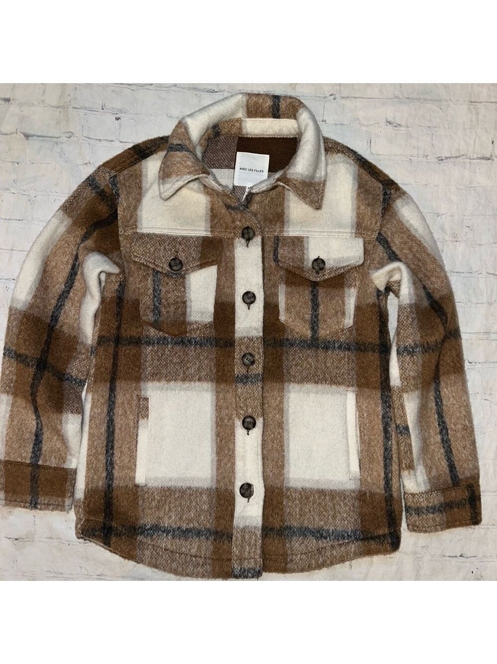 EUC Women's XSmall Avec Les Filles LS Shacket Brown Plaid Fleece Like Jacket